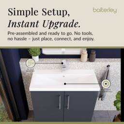 Balterley Modern Bathroom 2 Soft Close Door Floor Standing Vanity Unit & Rectangular Mid-Edge Basin, Dark Grey, 800 mm in Grey - thumbnail 4