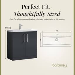 Balterley Modern Bathroom 2 Soft Close Door Floor Standing Vanity Unit & Rectangular Mid-Edge Basin, Dark Grey, 800 mm in Grey - thumbnail 5