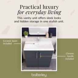 Balterley Modern Bathroom 2 Soft Close Door Floor Standing Vanity Unit & Rectangular Mid-Edge Basin, Dark Grey, 800 mm in Grey - thumbnail 3