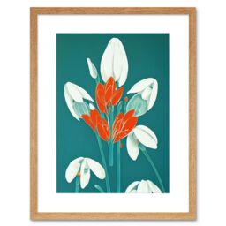 "Artery8 Wall Art Print Abstract Snowdrops Red Flowers on Teal Retro Mid Century Style Artwork Framed 9X7 Inch in Beige - Size: W7"" x H9""" - thumbnail 1