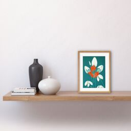 "Artery8 Wall Art Print Abstract Snowdrops Red Flowers on Teal Retro Mid Century Style Artwork Framed 9X7 Inch in Beige - Size: W7"" x H9""" - thumbnail 2