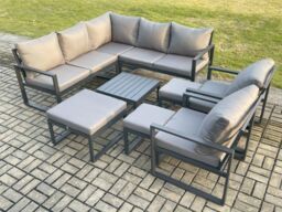 Fimous 10 Seater Outdoor Aluminium Garden Furniture Set Corner Lounge Sofa Set with Square Coffee Table 3 Footstools Dark Grey - thumbnail 1