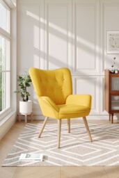 H&O Direct Contemporary Button-Tufted Linen Chair with Sturdy Wooden legs in Bright Yellow
