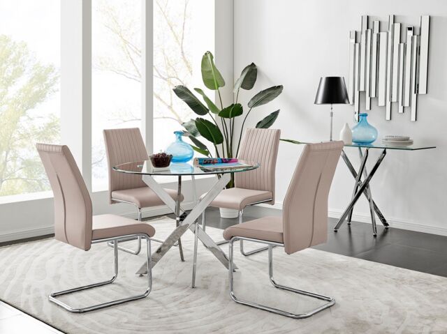 FurnitureboxUK Novara Clear Tempered Glass 100cm Round Dining Table with Chrome Starburst Legs & 4 Lorenzo Faux Leather Chairs in Beige - image 1