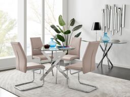 FurnitureboxUK Novara Clear Tempered Glass 100cm Round Dining Table with Chrome Starburst Legs & 4 Lorenzo Faux Leather Chairs in Beige - thumbnail 1