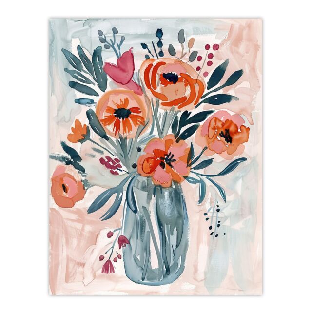 "Artery8 Spring Flower Bouquet Pink Blue Boho Floral Vase Wall Art Print - Size: W24"" x H32""" - image 1