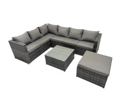 Fimous Patio Furniture Sets with Corner Sofa Coffee Table Big Footstool in Dark Grey - thumbnail 1