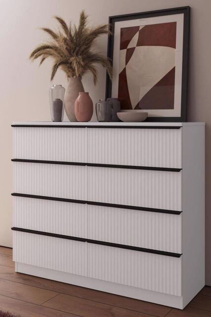 FWStyle Lania Ripple Effect White 8 Drawer Chest Of Drawers (H) 77 (W) 114 (D) 40cm - image 1