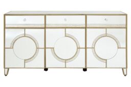 Orsina Mirrored Glass Cabinet with Crystal-Style Knobs, Art Deco Antique Finish Storage Cabinet with Drawers in Silver