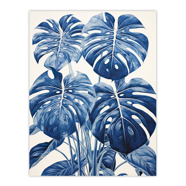 "Artery8 Wall Art Print Monstera Plant Leaves Detailed Blue Pencil Drawing Poster Picture - Size: W18"" x H24""" - image 1