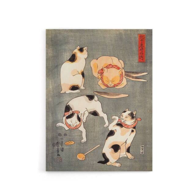 "Artery8 Four Cats in Different Poses Kuniyoshi Canvas Wall Art Print in Grey - Size: W18"" x H24""" - image 1