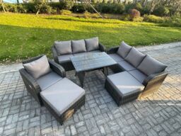 Fimous Rattan Garden Furniture Dining Set 9 seater Patio Rectangular Table 2 Big Footstool Dark Grey Mixed - thumbnail 2