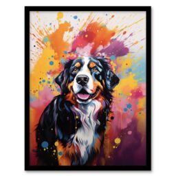 "Artery8 Wall Art Print Bernese Mountain Dog Lover Gift Pet Portrait Orange Purple Blue Artwork Painting Art Framed - Size: W12"" x H16""" - thumbnail 1