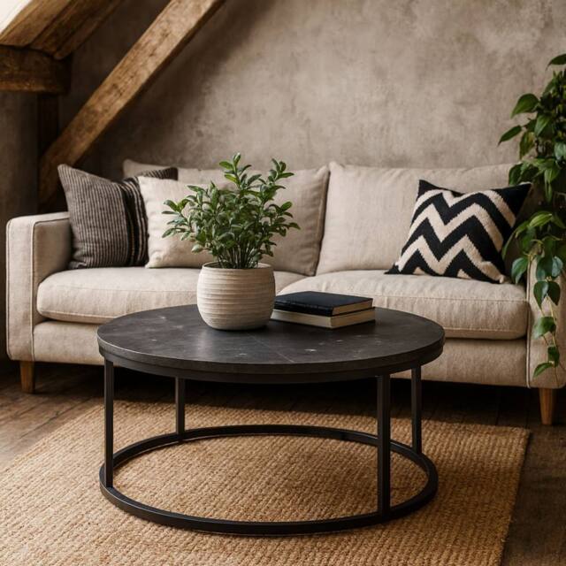 Wyld Haus Odense Round Black Marble Effect Coffee Table Matte Black Metal Legs - image 1
