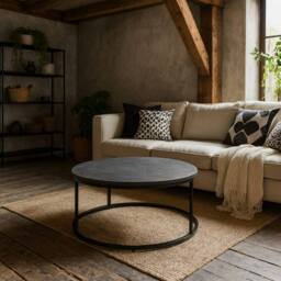 Wyld Haus Odense Round Black Marble Effect Coffee Table Matte Black Metal Legs - thumbnail 2