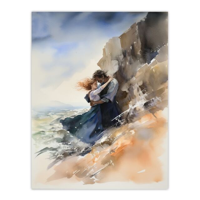 "Artery8 Wall Art Print Couple Embrace In Dramatic Coastal Cliff Landscape Watercolour Painting Wuthering Heights Poster - Size: W24"" x H32""" - image 1