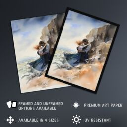 "Artery8 Wall Art Print Couple Embrace In Dramatic Coastal Cliff Landscape Watercolour Painting Wuthering Heights Poster - Size: W24"" x H32""" - thumbnail 2