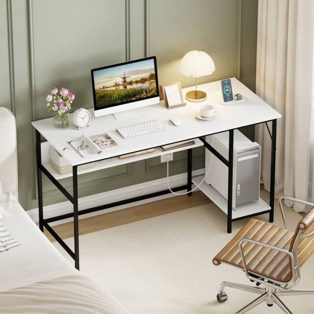Costway 140 x 60 CM Computer Desk w/ Charging Station & 4 Power Outlets in White - image 1