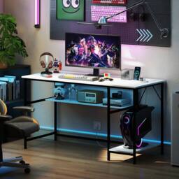 Costway 140 x 60 CM Computer Desk w/ Charging Station & 4 Power Outlets in White - thumbnail 5