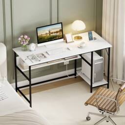 Costway 140 x 60 CM Computer Desk w/ Charging Station & 4 Power Outlets in White