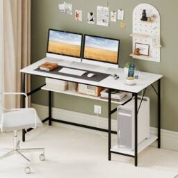 Costway 140 x 60 CM Computer Desk w/ Charging Station & 4 Power Outlets in White - thumbnail 4