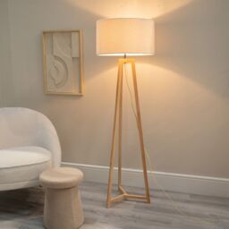 ValueLights Lottie Natural Wood Tripod Floor Lamp with Boucle Drum Shade & LED Bulb in Cream - thumbnail 1