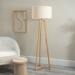 ValueLights Lottie Natural Wood Tripod Floor Lamp with Boucle Drum Shade & LED Bulb in Cream - thumbnail 5