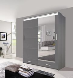OLYMPIA FURNITURE Florence 205cm High Gloss Mirror Door Wardrobe With Hanging Rails, Shelves & Free LED Light in Grey - thumbnail 1