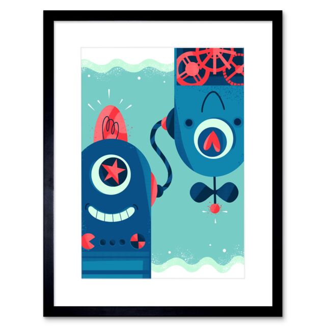 "Artery8 Wall Art Print Robot Friends Art Framed 9x7 inch in Black - Size: W7"" x H9""" - image 1