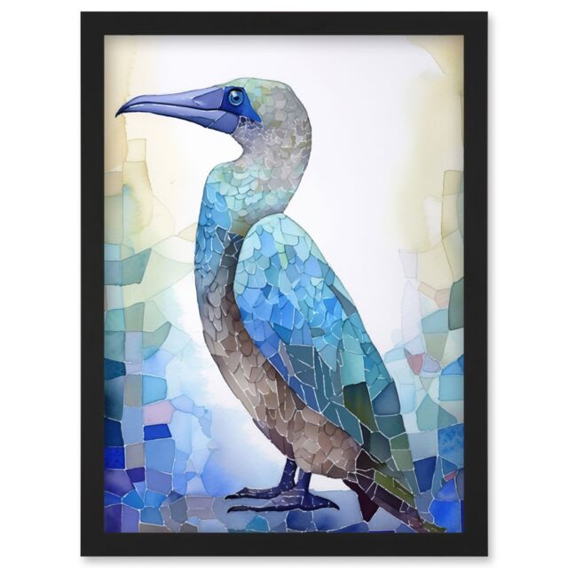 Artery8 Blue Footed Booby Bird Watercolour Painting Collage Artwork Framed Wall Art Print A4 in Black - image 1