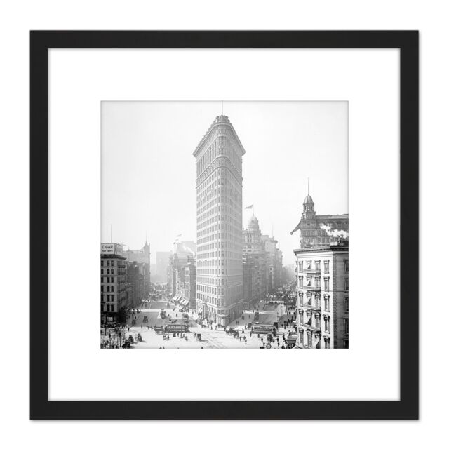 Artery8 New York Flat Iron Building Vintage Photo 8X8 Inch Square Wooden Framed Wall Art Print Picture with Mount in Black - image 1
