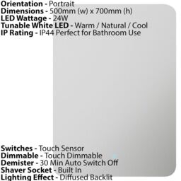 Loops 500 x 700mm IP44 Backlit Bathroom Mirror - Demister & Shaver Socket Tunable LED - thumbnail 2