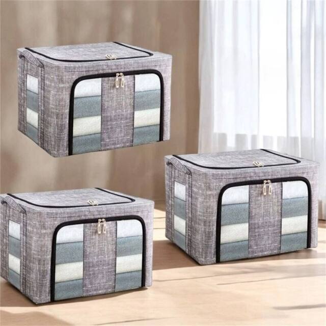 VOGREX 3X 66L Thick Fabric Folding Storage Box Steel Frame Wardrobe Organizer in Grey - image 1