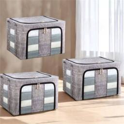 VOGREX 3X 66L Thick Fabric Folding Storage Box Steel Frame Wardrobe Organizer in Grey - thumbnail 1