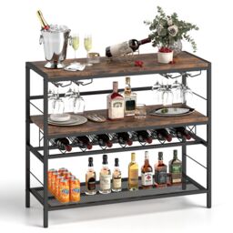 Gymax Industrial Wine Rack Freestanding Wine Bar Table With 4 Glass Holders in Brown