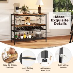 Gymax Industrial Wine Rack Freestanding Wine Bar Table With 4 Glass Holders in Brown - thumbnail 6