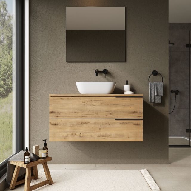 Banyetti Celtic 1000mm Wall Hung Bathroom Vanity Unit with Matching Worktop - Ostippo Oak in Light Oak - image 1