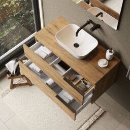 Banyetti Celtic 1000mm Wall Hung Bathroom Vanity Unit with Matching Worktop - Ostippo Oak in Light Oak - thumbnail 2