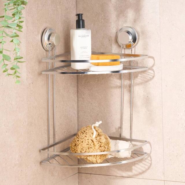 OHS 2 Tier Suction Shower Caddy Bathroom Corner Wall Shelf in Silver - image 1