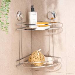 OHS 2 Tier Suction Shower Caddy Bathroom Corner Wall Shelf in Silver - thumbnail 1