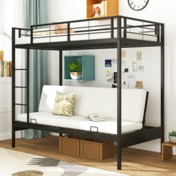 Gymax Single Over Futon Bunk Bed Convertible Couch & Bed With Ladder-Black in Black - thumbnail 9