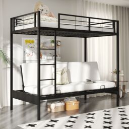 Gymax Single Over Futon Bunk Bed Convertible Couch & Bed With Ladder-Black in Black - thumbnail 6