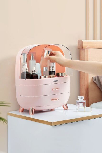 Living and Home Makeup Cosmetic Organizer Storage Box With 2 Drawers For Home Bedroom Bathroom Dressing Vanity in Pink - image 1