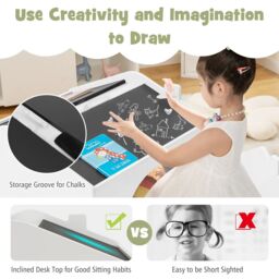 Costway Table & Chair Set Children Wooden Children Activity Desk W/ Chalkboards in White - thumbnail 3