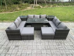 Fimous Wicker PE Rattan Garden Furniture Sofa Set Outdoor Adjustable Rising Lifting Dining Table Set 11 Seater in Dark Grey - thumbnail 2