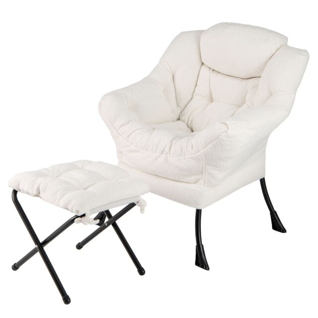 Gymax Lazy Chair Modern Accent Chair With Ottoman Folding Footrest-Beige in Beige - image 1