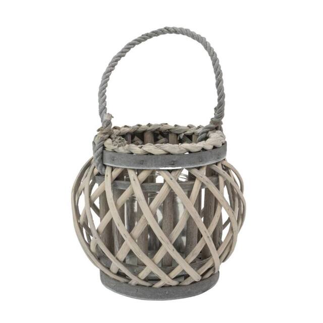 JVL Luna Natural Round Willow Wood Lantern with braided Rope handle - Grey - image 1