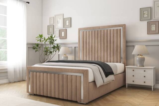 "Comfort Beds Boston Chrome Naples Bed Frame With Mattress-50"" Upholstered in Light Brown - Size: Double" - image 1