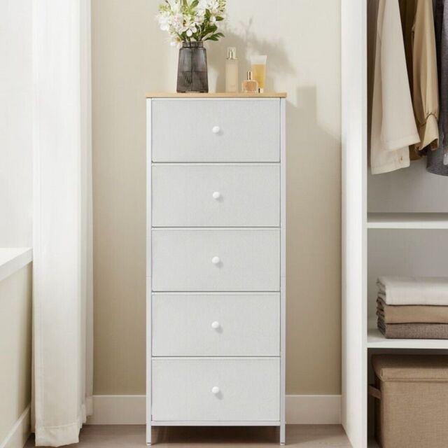 SONGMICS Slim Chest of Drawers with 5 Fabric Drawers Metal Frame Closet in White - image 1