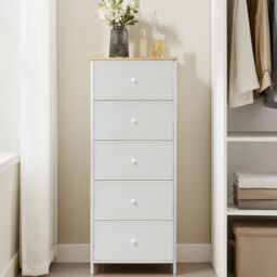 SONGMICS Slim Chest of Drawers with 5 Fabric Drawers Metal Frame Closet in White - thumbnail 1